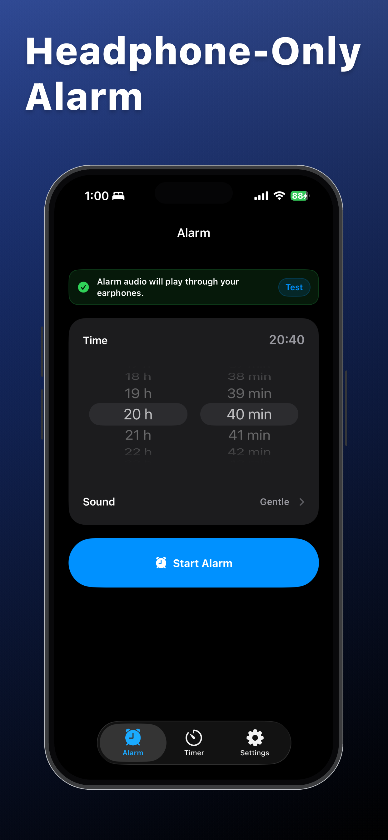 Alarm setup screen for earphone use