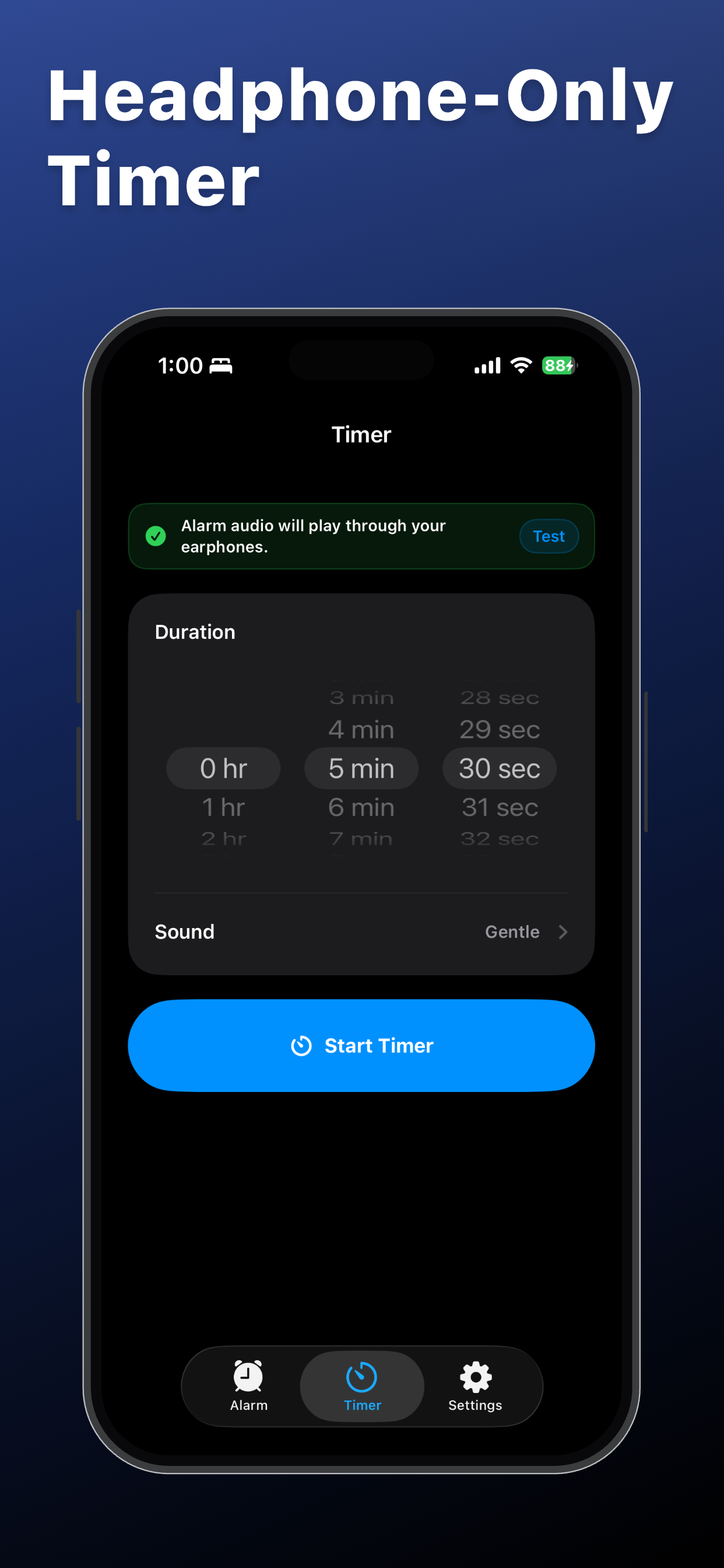 Timer setup screen for earphone use